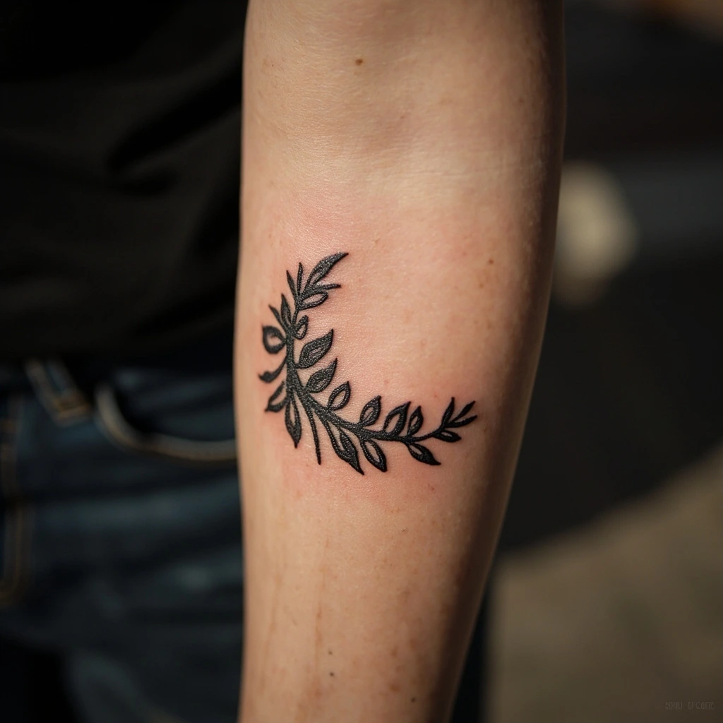 Fine-line fern crescent tattoo on a forearm, single-needle botanical linework