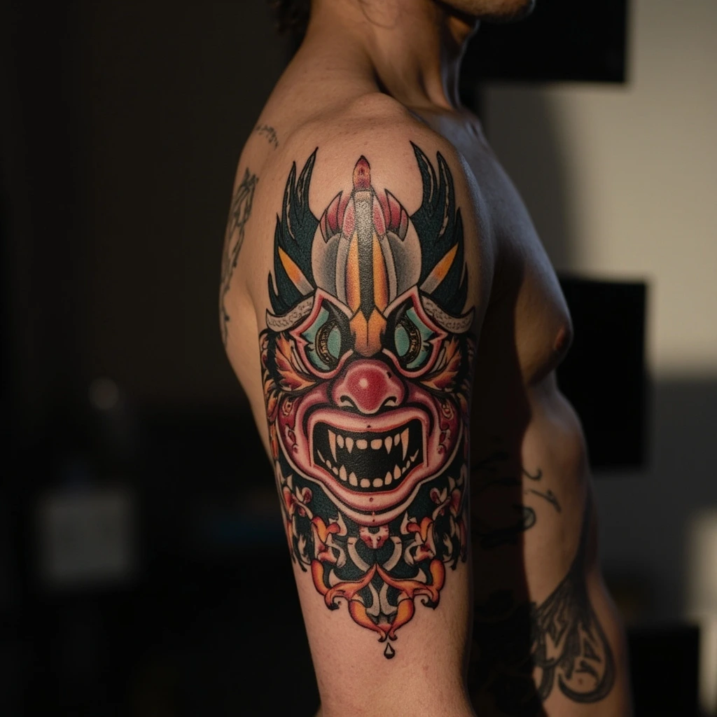 Traditional irezumi Hannya mask tattoo on upper arm, full color palette