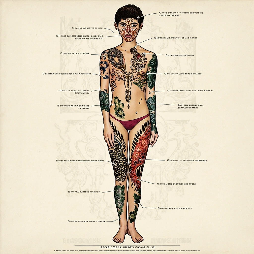 Anatomical chart showing 24 tattoo placement zones marked on a stylized human silhouette, used to map scale, visibility, and pain level