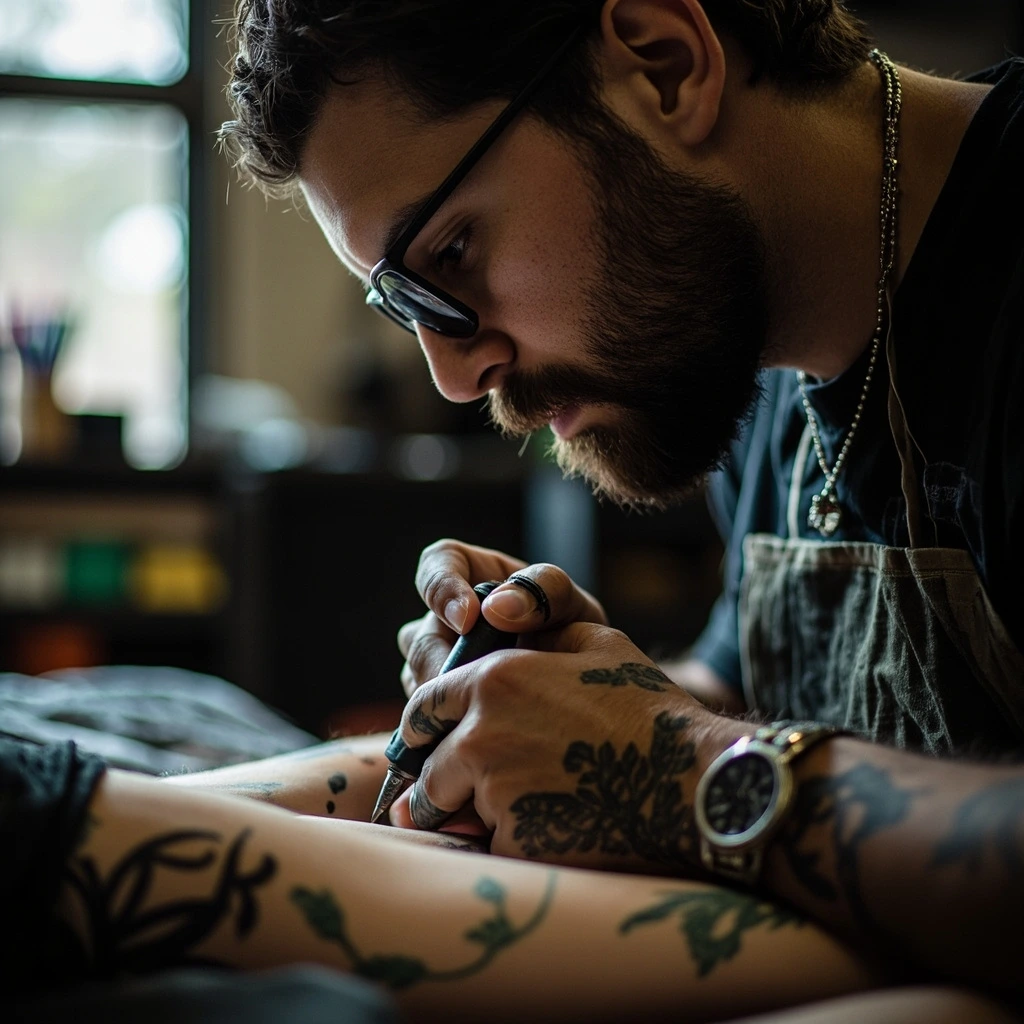Portrait of a tattoo artist working with a single-needle machine in a daylight studio