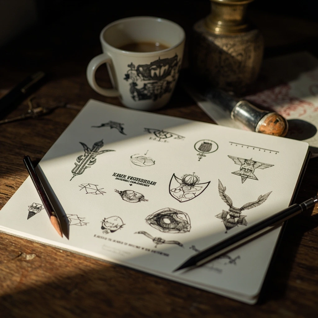 Open notebook with hand-drawn tattoo reference sketches, a pencil, and a coffee cup on a wood desk
