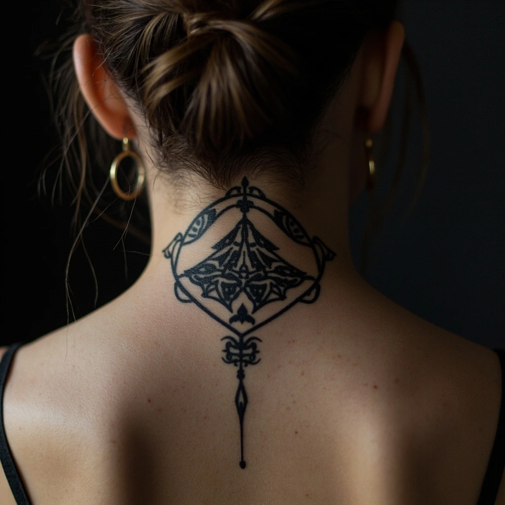 Blackwork geometric spine tattoo, rank 4