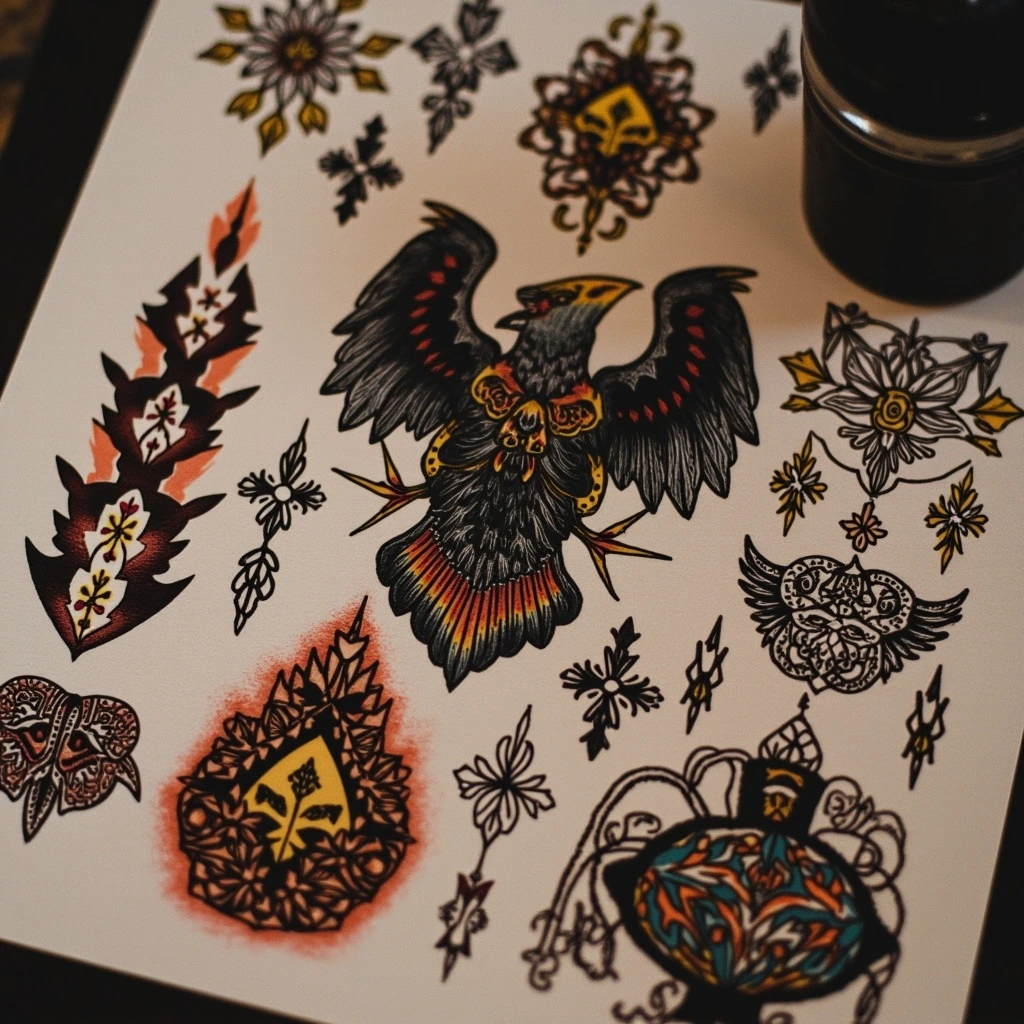 Traditional bold-line tattoo detail in the Style Atlas