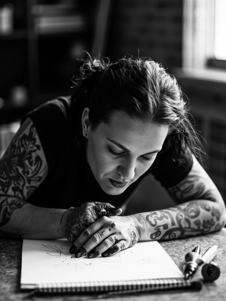 Cover photograph — tattoo artist in studio, late afternoon light