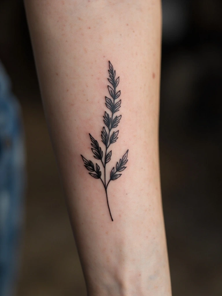 Fine-line botanical tattoo on inner forearm, natural light