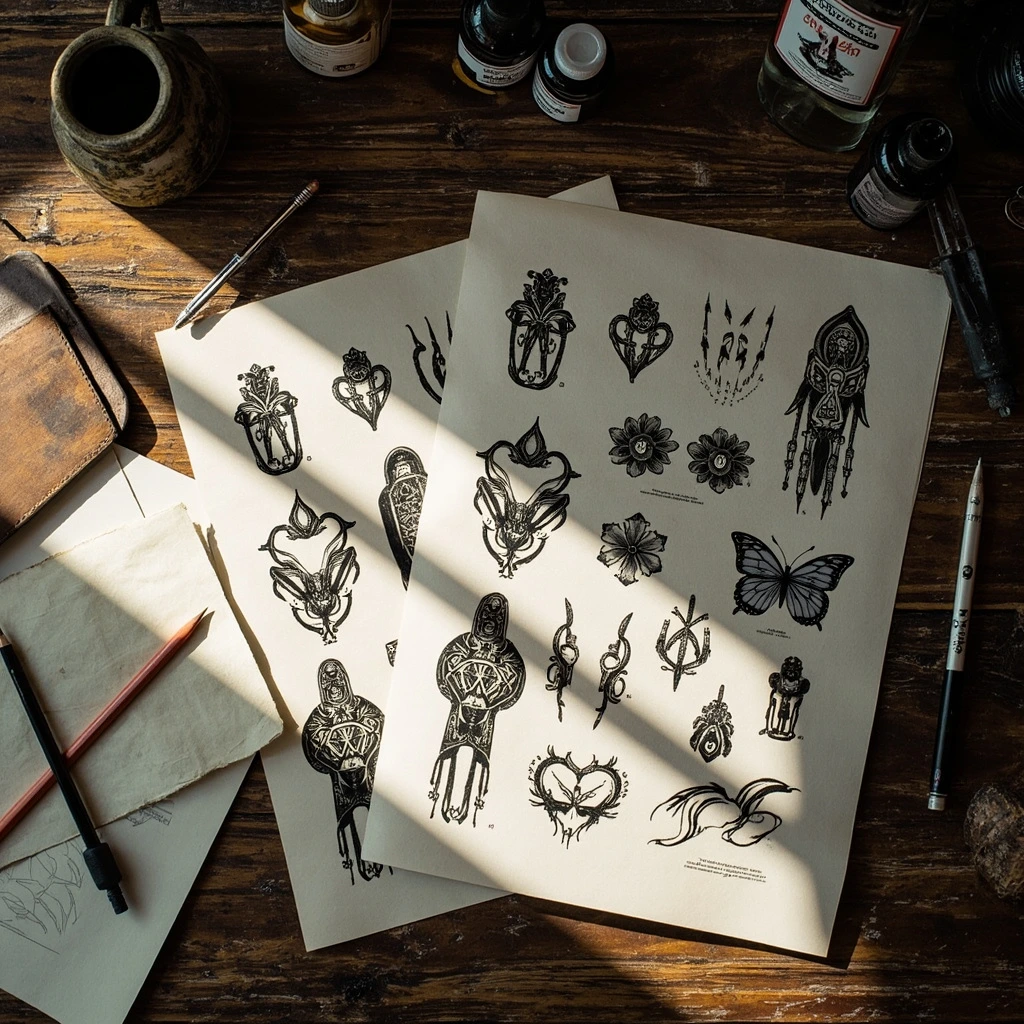 Flash sheets and ink bottles on a wooden workbench, overhead view