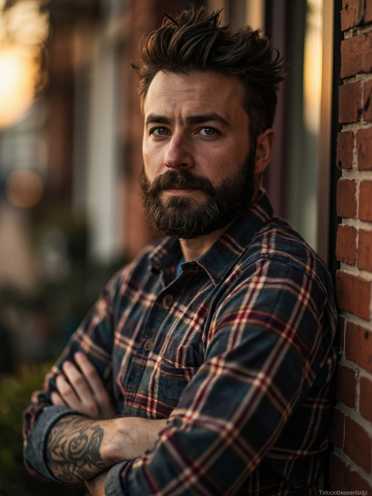 Portrait of a tattoo artist in Leeds, late autumn golden hour