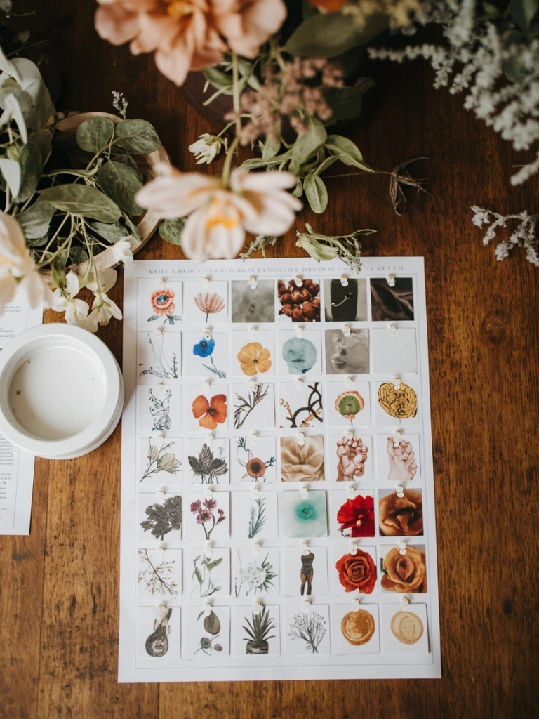 Reference board with sketches, swatches, and flash prints, overhead