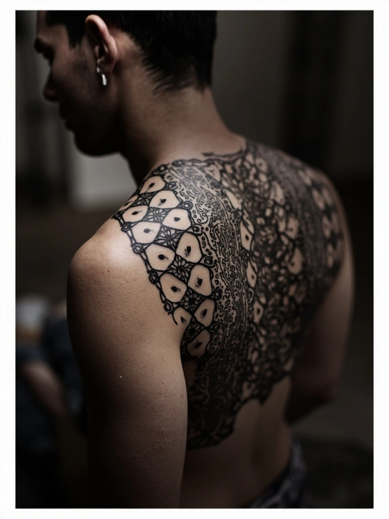 Blackwork geometric tattoo on upper back