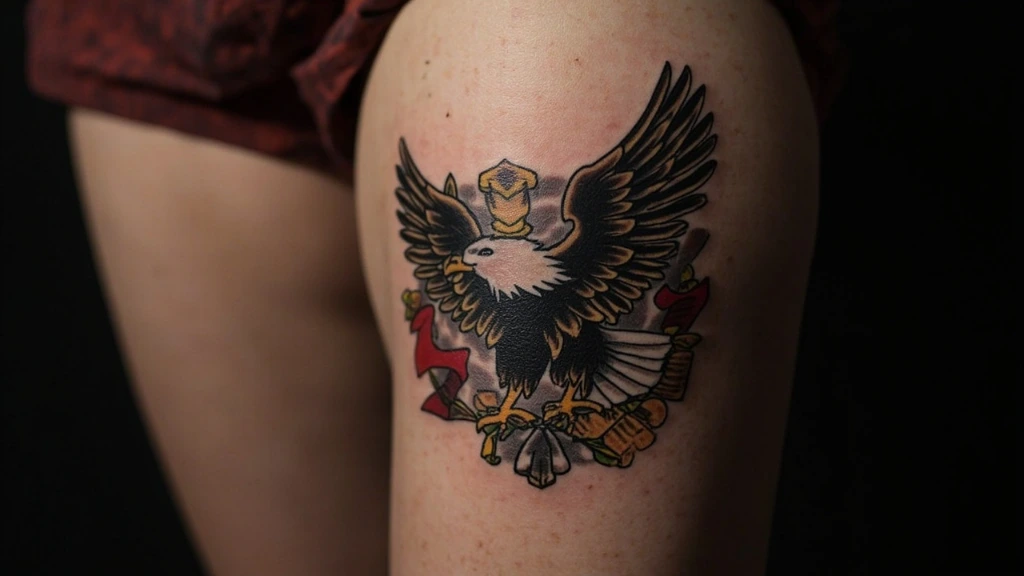 American traditional eagle thigh tattoo